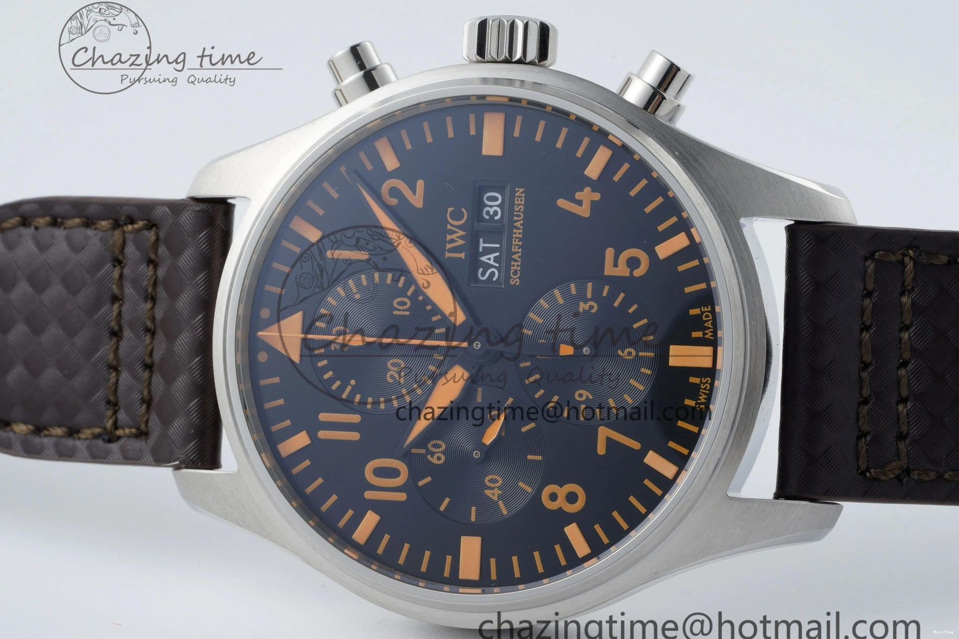 MIROTIME 0503 Pilot Chrono SS AZF 1:1 Best Edition Black Dial Orange Markers on Brown Leather Strap A EasyCare 7065